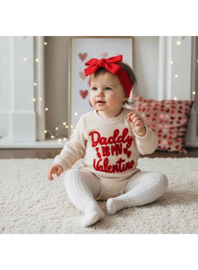allshope Inafnt Baby Girl Valentine's Day Outfit Heart Bubble Romper Jumpsuit Bodysuit Newborn Fall Waffle Clothes, Daddy is My Valentine Beige, 6-12 Months - Image 3