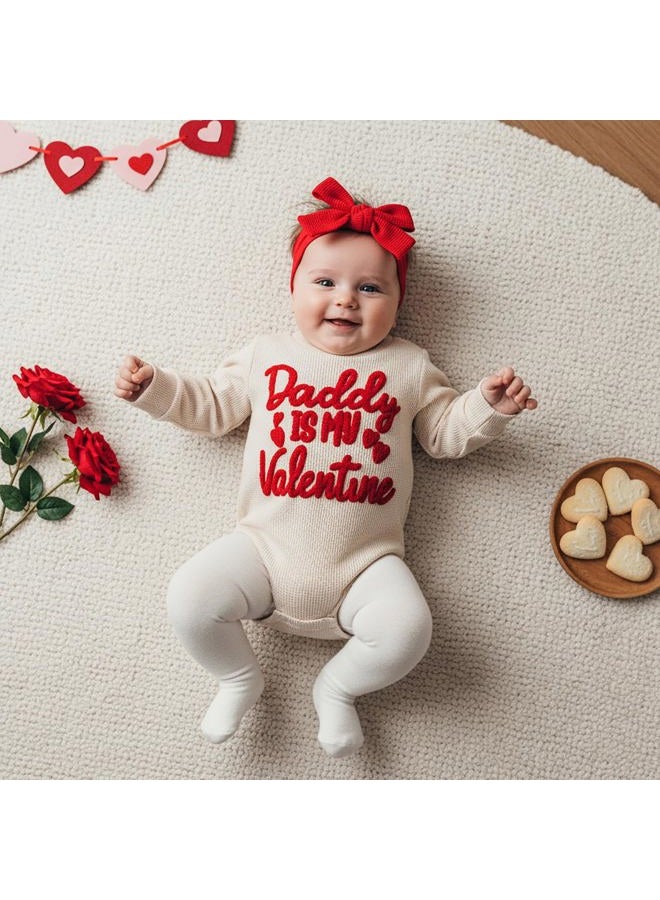 allshope Inafnt Baby Girl Valentine's Day Outfit Heart Bubble Romper Jumpsuit Bodysuit Newborn Fall Waffle Clothes, Daddy is My Valentine Beige, 6-12 Months - Image 5
