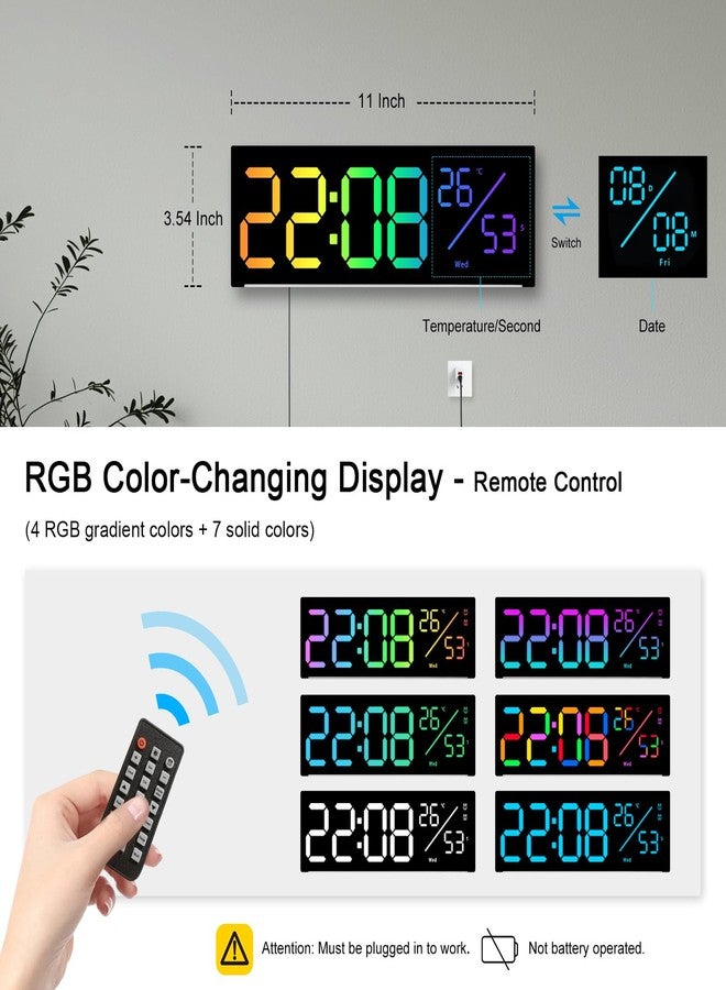 JoFomp 12" RGB Color LED Digital Wall Clock with Remote Control, Seconds Display, Plug-in Digital Alarm Clock with Auto Brightness, DST, Temp, Digital Clock for Living Room, Bedroom, Classroom, Office - Image 2