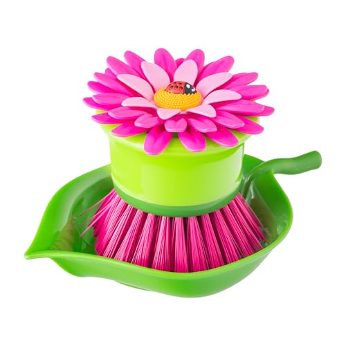 Vigar Flower Palm Dish Scrub Brush with Holder, Perfect Kitchen Brushes for Dishes, Sink Brush and Cleaning Brushes for Household Use, Pink, Green - Image 1