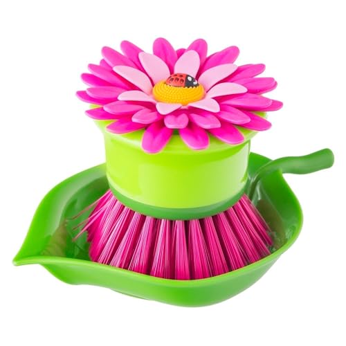 Vigar Flower Palm Dish Scrub Brush with Holder, Perfect Kitchen Brushes for Dishes, Sink Brush and Cleaning Brushes for Household Use, Pink, Green - Image 4