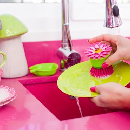 Vigar Flower Palm Dish Scrub Brush with Holder, Perfect Kitchen Brushes for Dishes, Sink Brush and Cleaning Brushes for Household Use, Pink, Green - Image 2