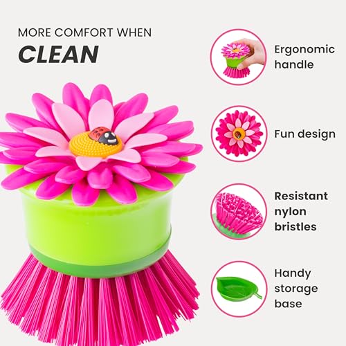 Vigar Flower Palm Dish Scrub Brush with Holder, Perfect Kitchen Brushes for Dishes, Sink Brush and Cleaning Brushes for Household Use, Pink, Green - Image 5