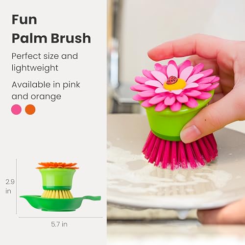 Vigar Flower Palm Dish Scrub Brush with Holder, Perfect Kitchen Brushes for Dishes, Sink Brush and Cleaning Brushes for Household Use, Pink, Green - Image 3