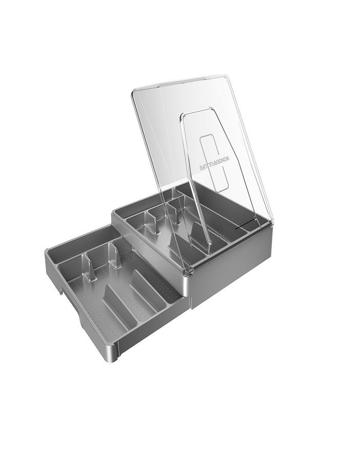 GoCozy Silverware Organizer with Lid, 9 Compartments Flatware Organizer, Plastic Utensil Holder for Countertop, Silverware Tray for Drawer, Gray - Image 1