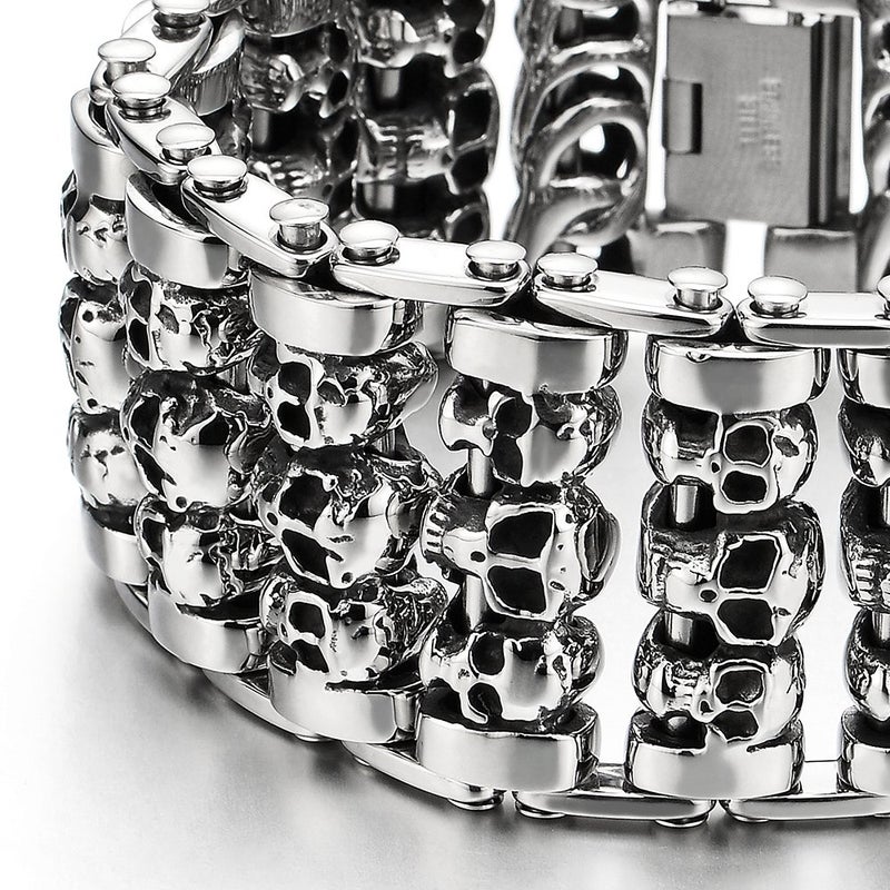 COOLSTEELANDBEYOND Heavy and Study Mens Steel Large Link Chain Motorcycle Bike Chain Bracelet with Skulls Polished - Image 2