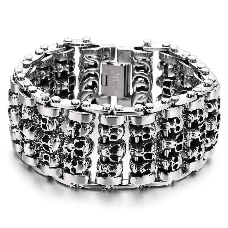 COOLSTEELANDBEYOND Heavy and Study Mens Steel Large Link Chain Motorcycle Bike Chain Bracelet with Skulls Polished - Image 1
