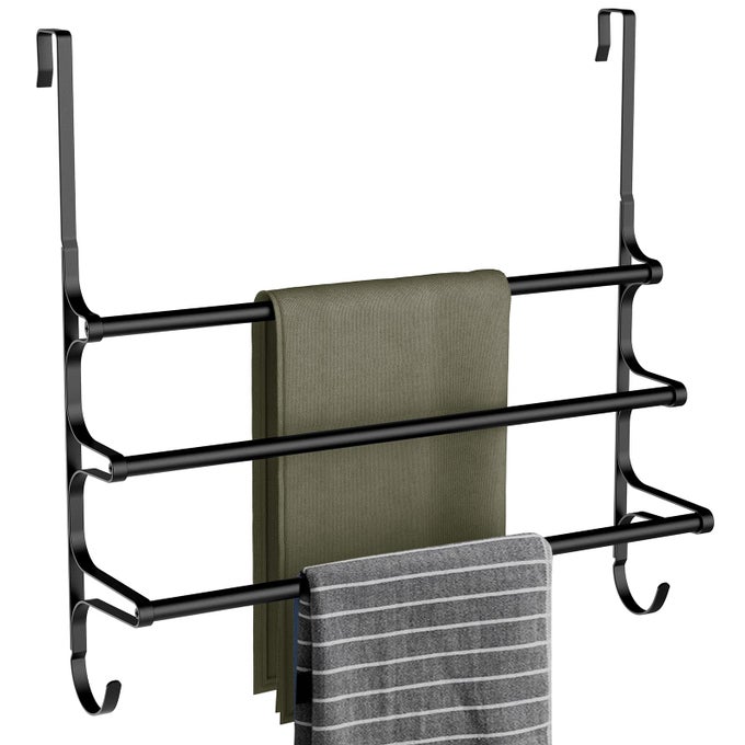 OVER THE DOOR TOWEL RACK TRIPLE TOWEL STORAGE HOLDER WITH HOOKS 2362 INCHES TOWEL BAR HANGER TOWEL RACKS FOR BATHROOM BLACK