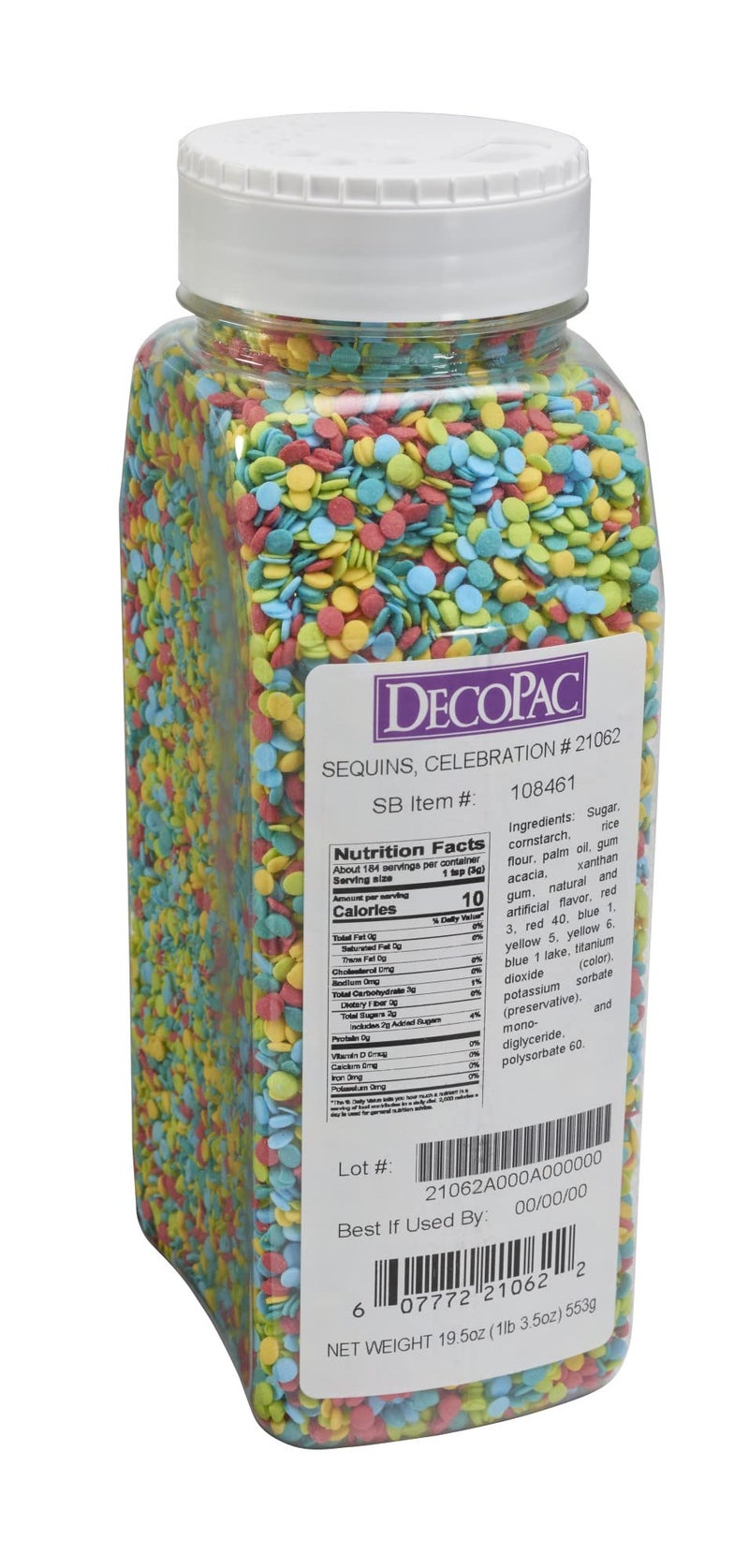 DecoPac Quins Fancy Sprinkles 195oz Candy Sprinkles in Handheld Container Edible Sprinkles For Celebration Cakes Cupcakes Cookies Celebration Confetti Quins Multicolored red teal blue yellow and green - Image 2