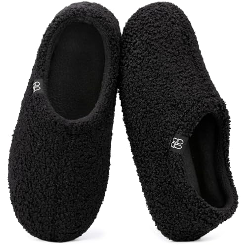 HomeTop Women's Fuzzy Curly Fur Memory Foam Loafer Slippers Bedroom House Shoes with Polar Fleece Lining (8.5, Black) - Image 1