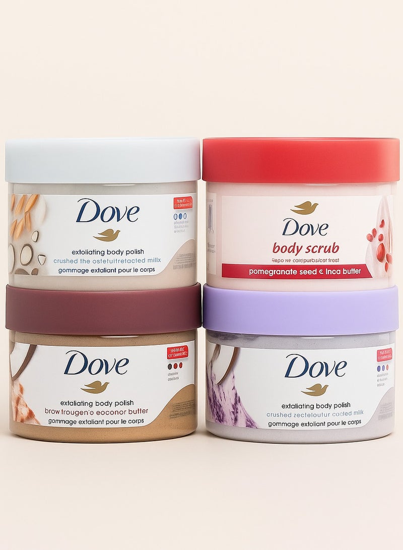 دوف مجموعة مقشر ومُلمع الجسم من دوف، 4 قطع - مكاديميا مطحونة وحليب أرز، بذور رمان وزبدة شيا، سكر بني وزبدة جوز الهند، لافندر مطحون وحليب جوز الهند - 298 غرام × 4 - Image 2