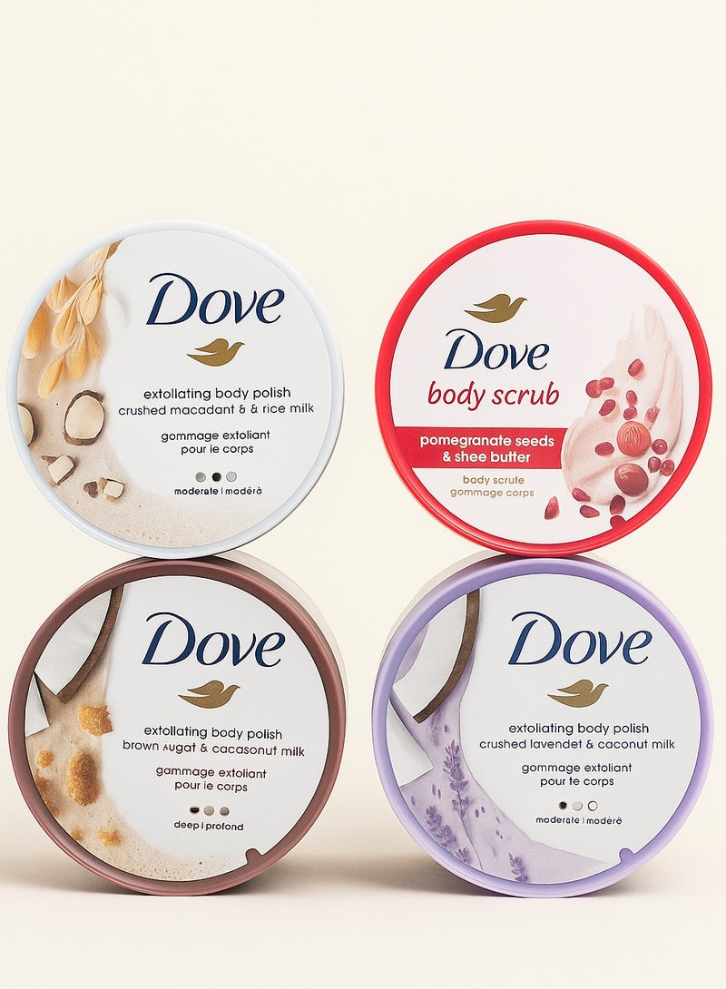 دوف مجموعة مقشر ومُلمع الجسم من دوف، 4 قطع - مكاديميا مطحونة وحليب أرز، بذور رمان وزبدة شيا، سكر بني وزبدة جوز الهند، لافندر مطحون وحليب جوز الهند - 298 غرام × 4 - Image 1