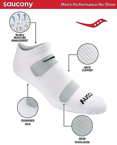 Saucony Men's RunDry Mesh Ventilating Comfort Fit Performance 6, 12, 18 Pairs No-Show Socks, M-XXL, White (6 Pairs), Medium - Image 2