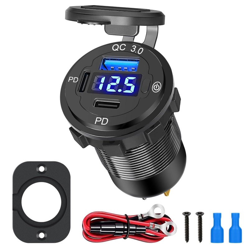 لينك ستايل Linkstyle USB Car Charger Socket, PD3.0 & QC3.0 USB A Ports Charger Power Outlet Panel with LED Voltmeter for 12V/24V RV Boat (3 Ports with Switch) - Image 1