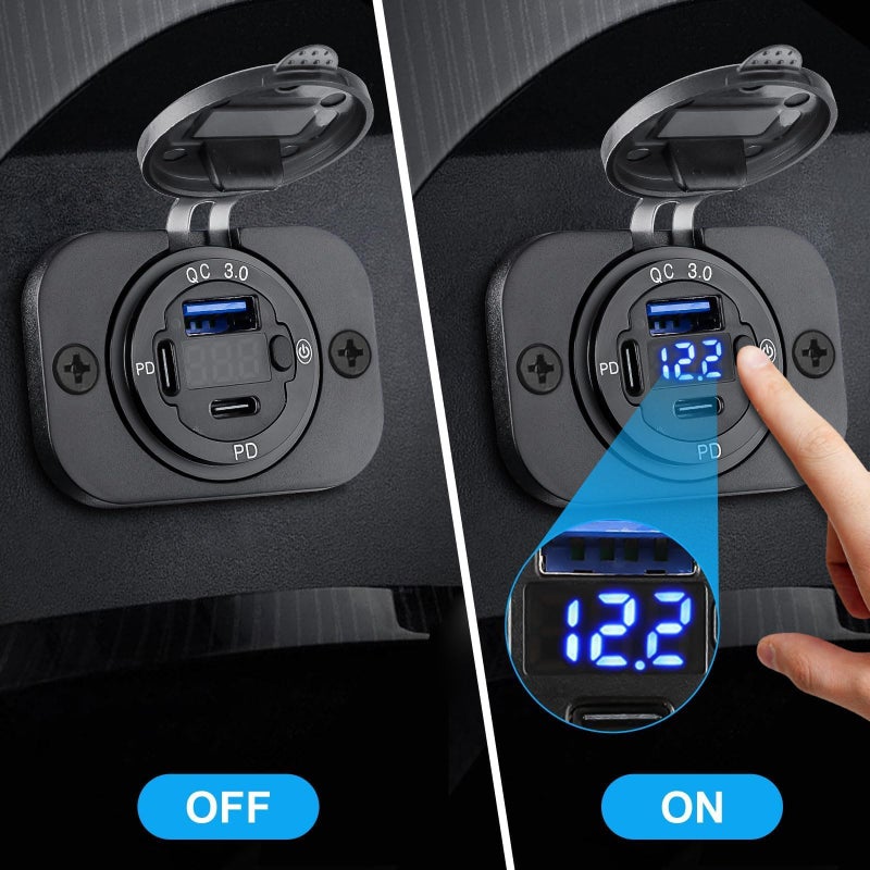 لينك ستايل Linkstyle USB Car Charger Socket, PD3.0 & QC3.0 USB A Ports Charger Power Outlet Panel with LED Voltmeter for 12V/24V RV Boat (3 Ports with Switch) - Image 3