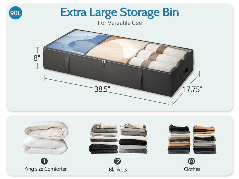 TidyCorner 2-Pack Under Bed Storage Containers, 8 Inches Tall Underbed Clothes Storage Organizer Bin with Sturdy Sidewalls/Bottom, Under the Bed Storage Bags 2 Storage Bins, Black - Image 3