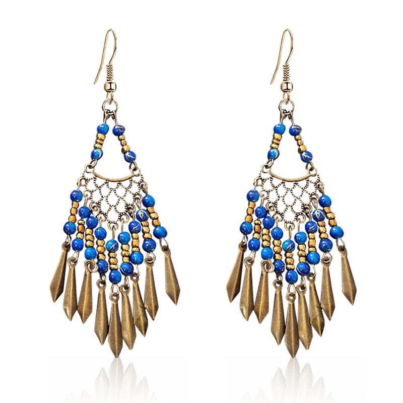 KVANU Handmade Vintage Bronze Bohemian Long Tassel Colorful Bead Dangle Drop Earrings Big Tribal Chandelier Geometry Hook Earrings for Women Statement Jewelry Gifts (Blue) - Image 1