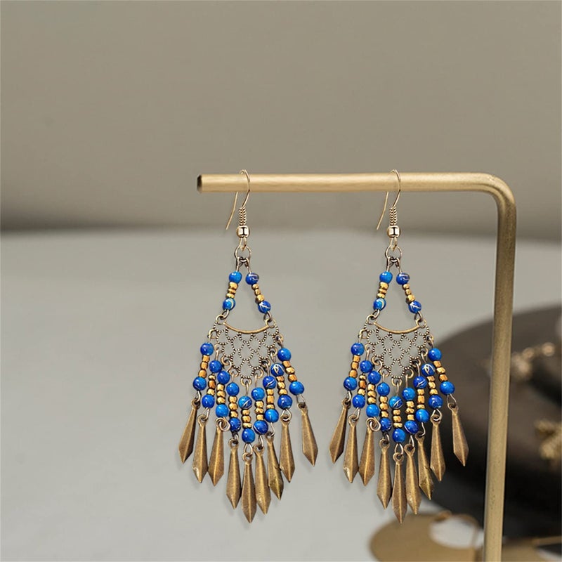 KVANU Handmade Vintage Bronze Bohemian Long Tassel Colorful Bead Dangle Drop Earrings Big Tribal Chandelier Geometry Hook Earrings for Women Statement Jewelry Gifts (Blue) - Image 5