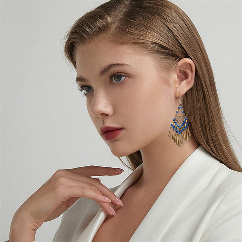 KVANU Handmade Vintage Bronze Bohemian Long Tassel Colorful Bead Dangle Drop Earrings Big Tribal Chandelier Geometry Hook Earrings for Women Statement Jewelry Gifts (Blue) - Image 3