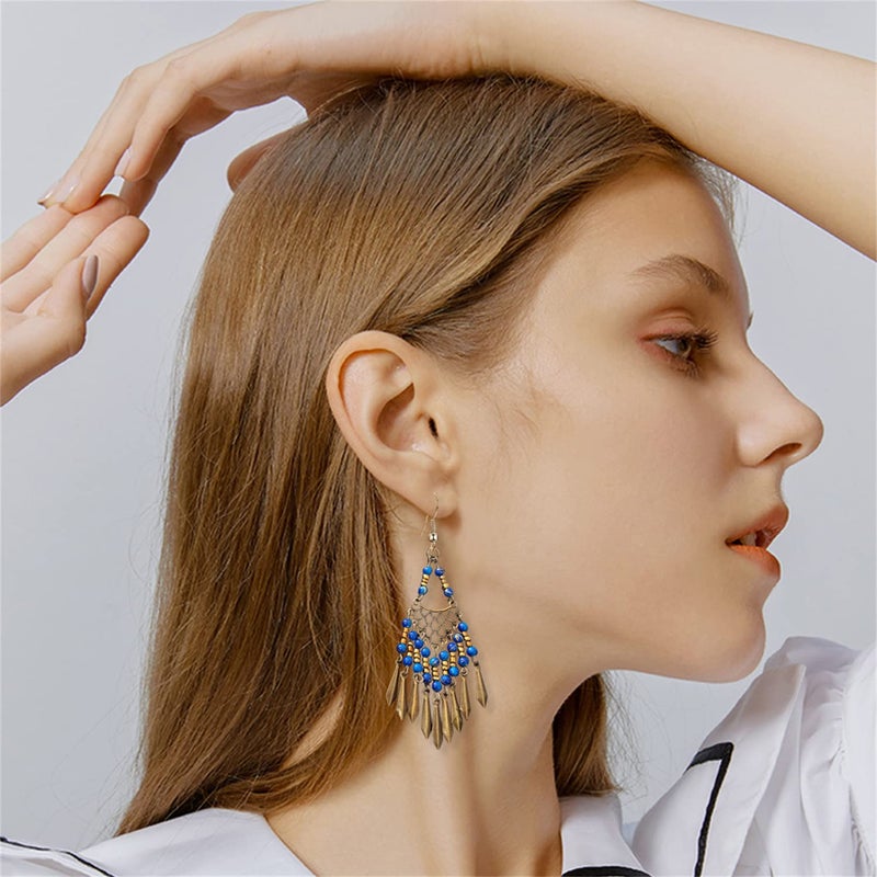 KVANU Handmade Vintage Bronze Bohemian Long Tassel Colorful Bead Dangle Drop Earrings Big Tribal Chandelier Geometry Hook Earrings for Women Statement Jewelry Gifts (Blue) - Image 2