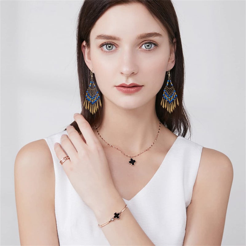 KVANU Handmade Vintage Bronze Bohemian Long Tassel Colorful Bead Dangle Drop Earrings Big Tribal Chandelier Geometry Hook Earrings for Women Statement Jewelry Gifts (Blue) - Image 4