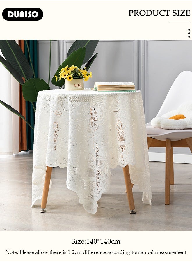 DUNISO Round Tablecloth White Lace Table Cloth , Washable Hollow Mesh Table Cover, Rectangular Vintage Lace Overlay, Floral Lace Table Cloths for Catering Events, Dinner Parties, Weddings Decorations 140*140cm  - Image 4