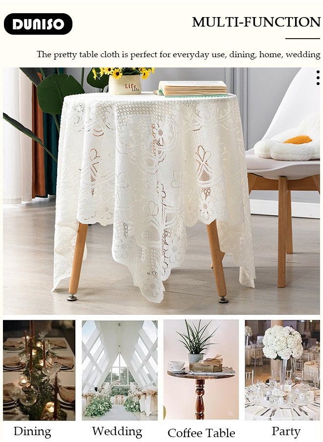 DUNISO Round Tablecloth White Lace Table Cloth , Washable Hollow Mesh Table Cover, Rectangular Vintage Lace Overlay, Floral Lace Table Cloths for Catering Events, Dinner Parties, Weddings Decorations 140*140cm  - Image 3