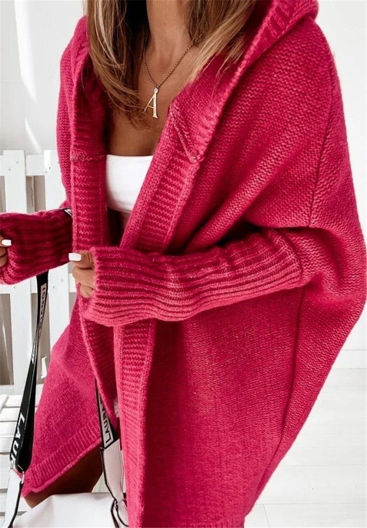 2024 New Knit Hoodie Soft Batwing Loose Sweater Red 