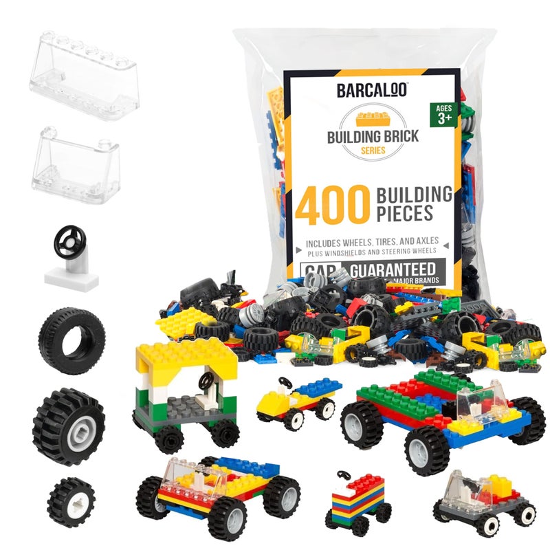 Barcaloo 400 Piece Wheels and Axles Sets, Building Bricks Car Parts and Pieces Kit - Car Building Set with Wheels, Axles & Windshields and Bonus Bricks - Image 1