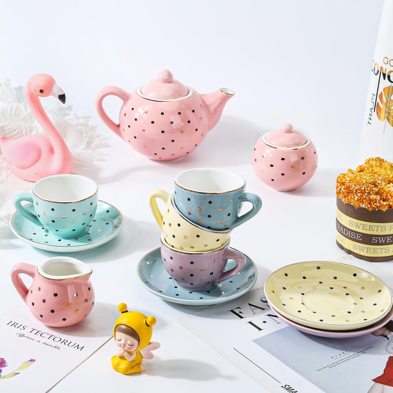 CHENP.HMC Tea Set Girls Porcelain Tea Set for Little Girls Tea Set for Little Girls Polka Dot Design and Colorful Color with for Boy and Gril Birthday Party Or Gift Life - Image 3