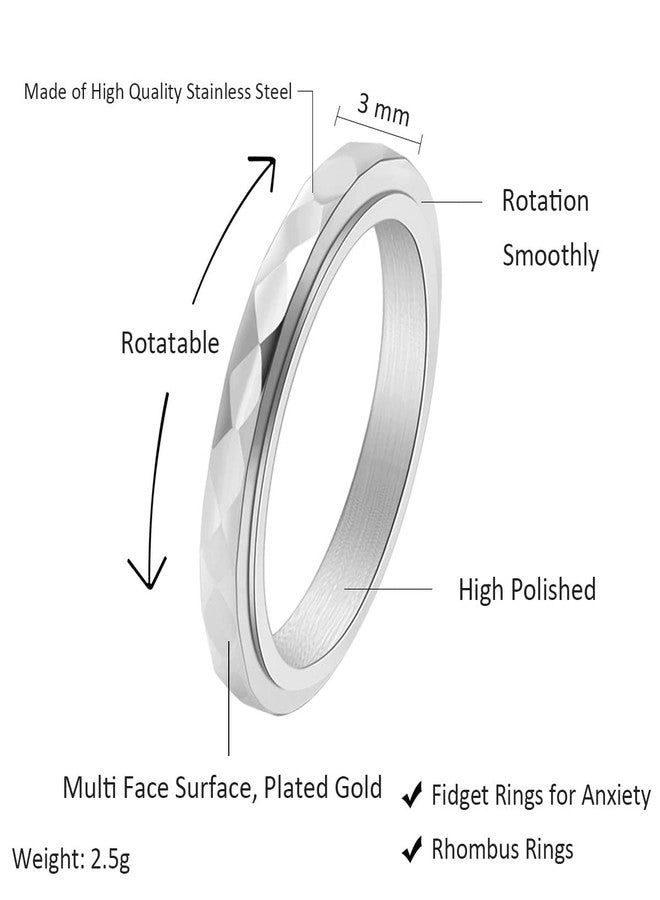 Nanafast 3mm Titanium Steel Anxiety Rings for Women Men Multi-faceted Wedding Band Fidget Rings for Anxiety for Women Rhombus Spinner Ring for Stess Relief Comfort Fit for Engagement, 8, Stainless - Image 2