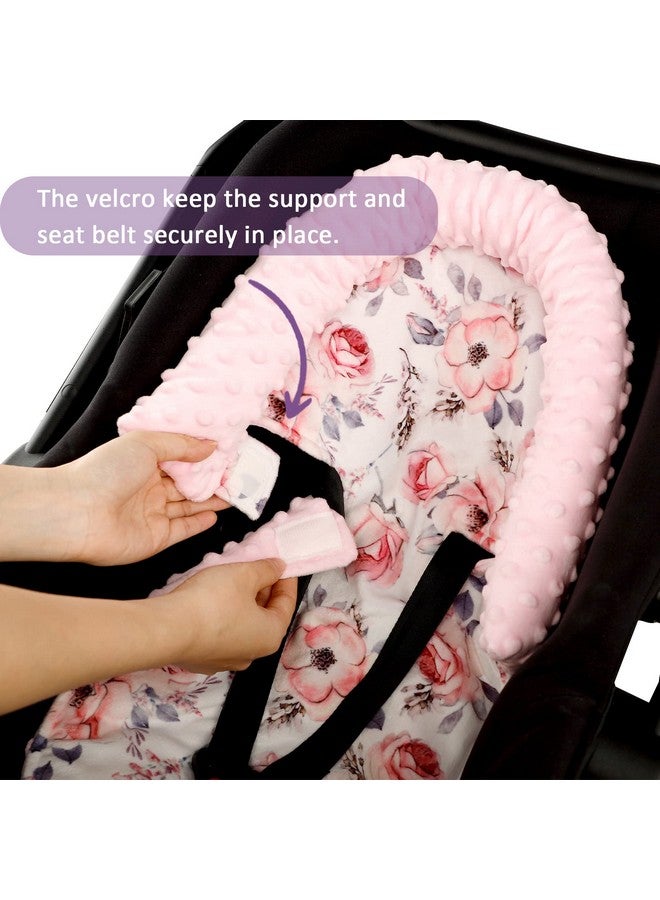 SWESEN Baby Head Support and Strap Cover for Car Seat, Mink Infant Carseat Headrest for Girls, Newborn Car Seat Insert Cushion for Strollers, Pink Floral - Image 3