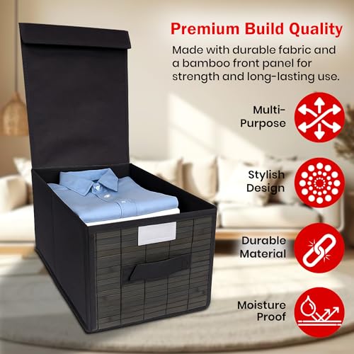 Prime Pick Smart Fold Storage Box Foldable Clothes Organizer Bamboo Front Lid Covered Breathable Washable Fabric Wardrobe Drawer Closet Home Storage Bin Easy Carry Handles Grey Pack of 1 - Image 3