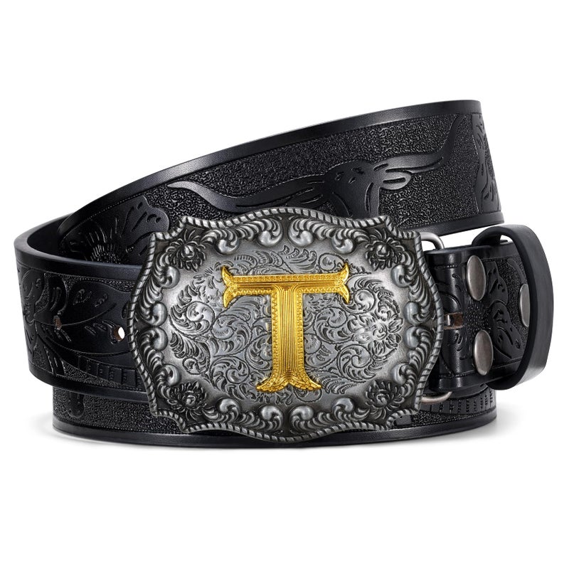 TRIWORKS Cowboy Belt for Men Women Western Belt Initial Letter A to Z Buckle with Engraved Cowboy Leather Belt - Image 1