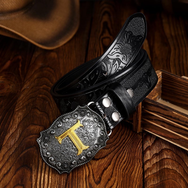 TRIWORKS Cowboy Belt for Men Women Western Belt Initial Letter A to Z Buckle with Engraved Cowboy Leather Belt - Image 2