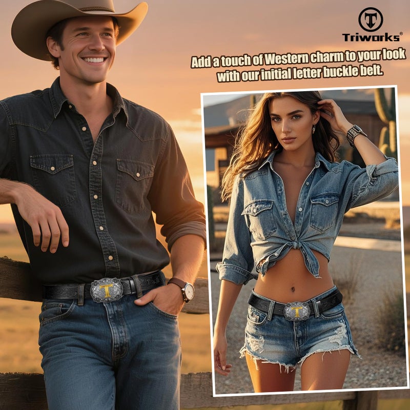 TRIWORKS Cowboy Belt for Men Women Western Belt Initial Letter A to Z Buckle with Engraved Cowboy Leather Belt - Image 3