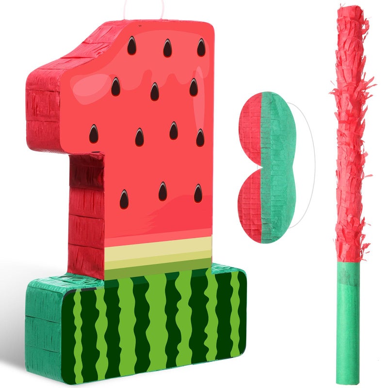 Hollowfly Watermelon Piata Fruit Number 1 Red Watermelon 1st Birthday Piata with Bat Stick Blindfold Mask Confetti for Summer Theme Summer Birthday Party Supplies 1 - Image 3