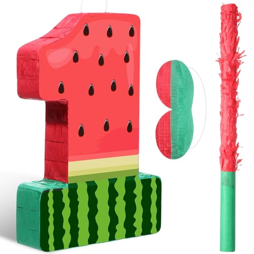 Hollowfly Watermelon Piata Fruit Number 1 Red Watermelon 1st Birthday Piata with Bat Stick Blindfold Mask Confetti for Summer Theme Summer Birthday Party Supplies 1 - Image 1