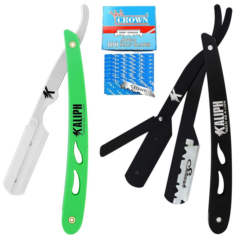 Kaliph Professional Barber Straight Razor For Men  Premium Pack of 2Pcs Shavette Straight Razor With 100 Shaving Blades  Salon Quality Mens Manual Cut Throat Razor For Close Shaving Black  Green