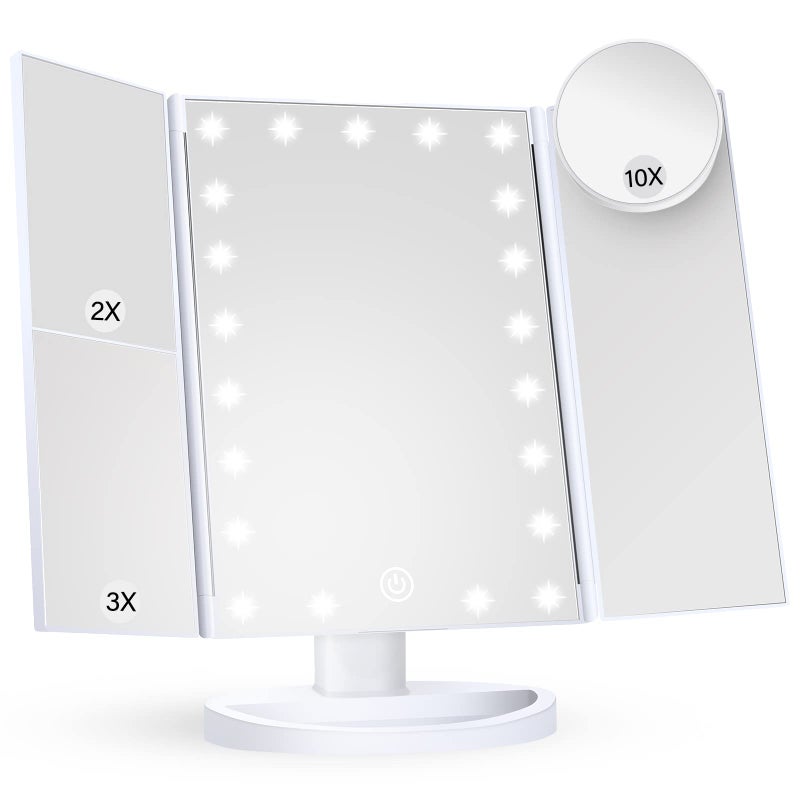 HUONUL Makeup Mirror Vanity Mirror with Lights 2X 3X 10X Magnification Touch Control Trifold White 94 L x 134 W Modern Style Dresser Mount Bathroom