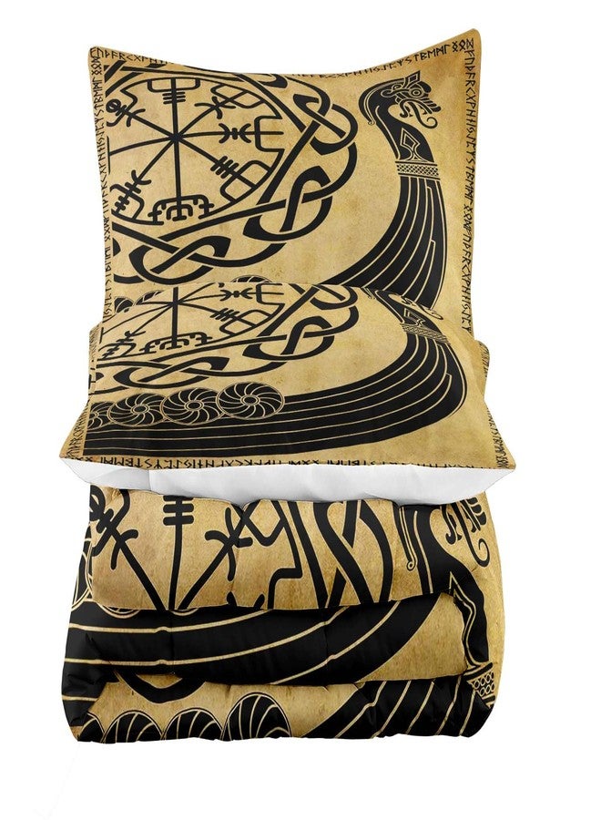 LUVIVIHOME 3PCS Viking Comforter Set Queen Size, Man Cave Nautical Dragon Head Viking Ship Brown Black Pirate Warship Scandinavian Runes Compass Vegvisir Norse Mythology Bedroom Decor, 2 Pillow Shams - Image 4