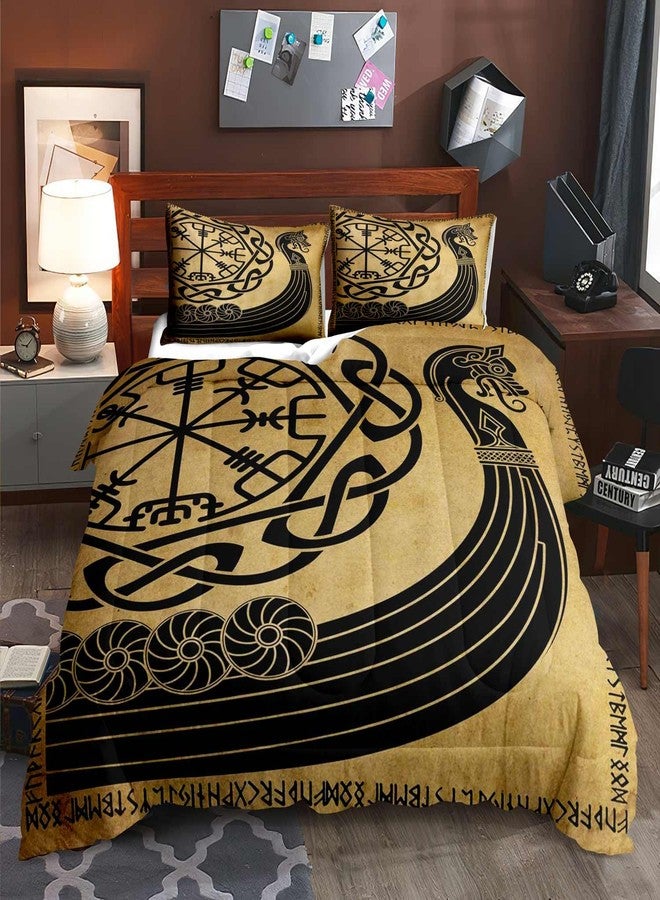 LUVIVIHOME 3PCS Viking Comforter Set Queen Size, Man Cave Nautical Dragon Head Viking Ship Brown Black Pirate Warship Scandinavian Runes Compass Vegvisir Norse Mythology Bedroom Decor, 2 Pillow Shams - Image 1