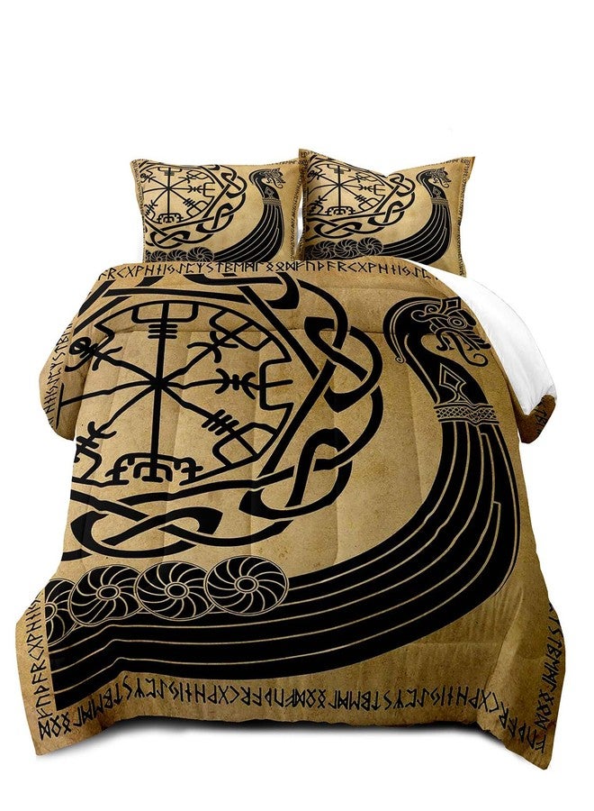 LUVIVIHOME 3PCS Viking Comforter Set Queen Size, Man Cave Nautical Dragon Head Viking Ship Brown Black Pirate Warship Scandinavian Runes Compass Vegvisir Norse Mythology Bedroom Decor, 2 Pillow Shams - Image 2