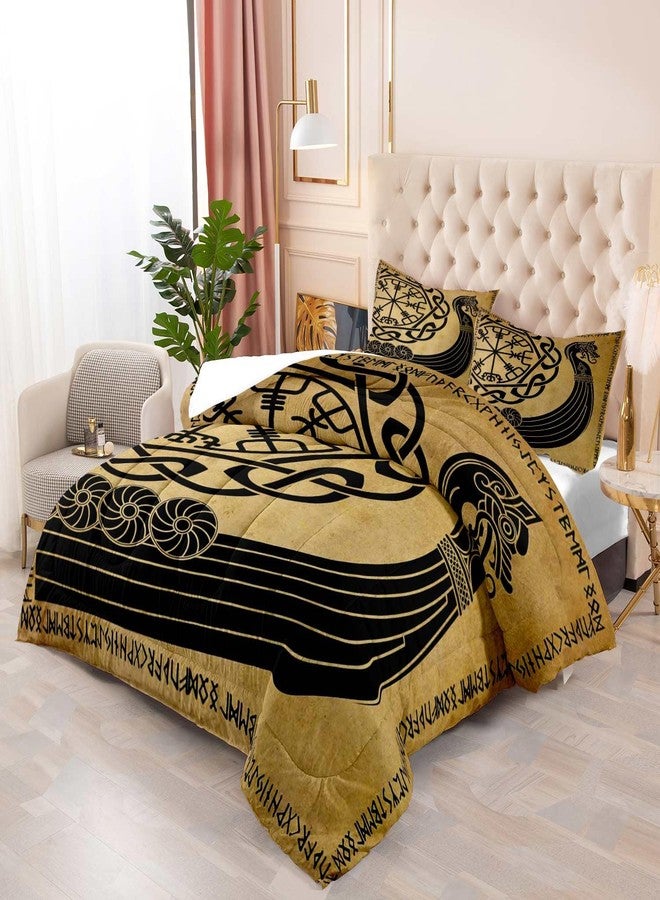LUVIVIHOME 3PCS Viking Comforter Set Queen Size, Man Cave Nautical Dragon Head Viking Ship Brown Black Pirate Warship Scandinavian Runes Compass Vegvisir Norse Mythology Bedroom Decor, 2 Pillow Shams - Image 3