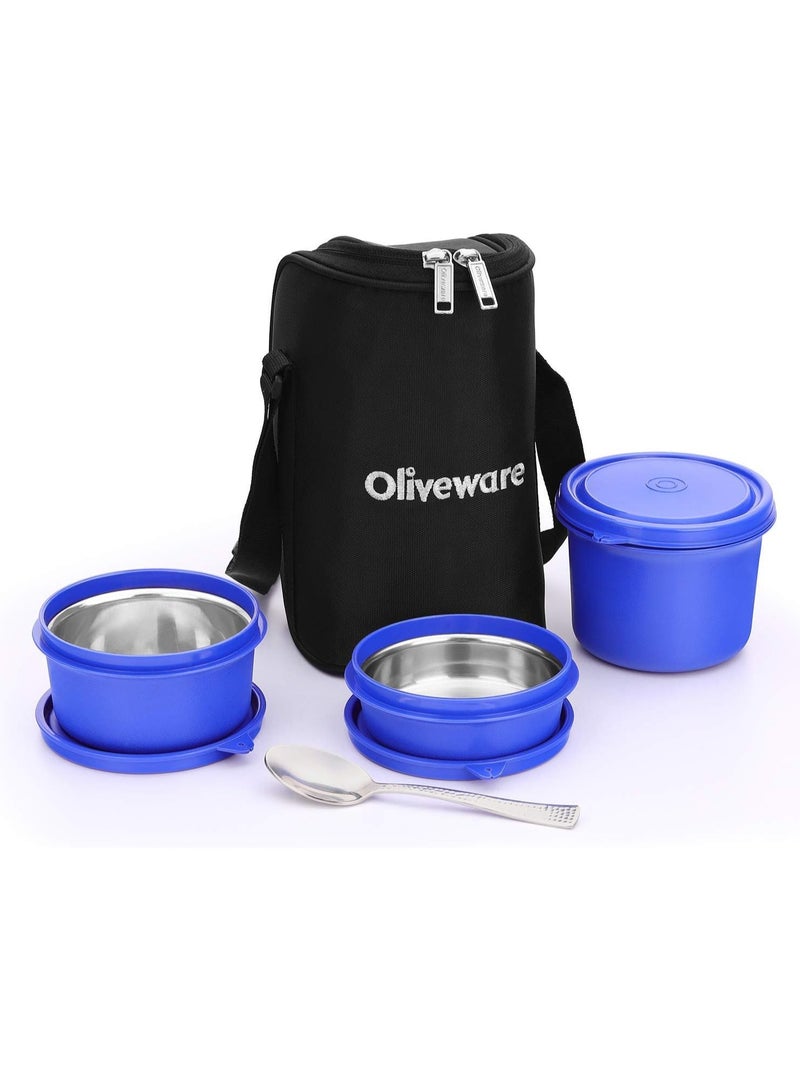 oliveware Stainless Steel Boss Pro Lunch Box, Steel Range, Microwave Safe and Leak Proof , 3 Air-Tight Containers with Bag , with Steel Spoon, Keep Food Hot (Blue)  - Image 1