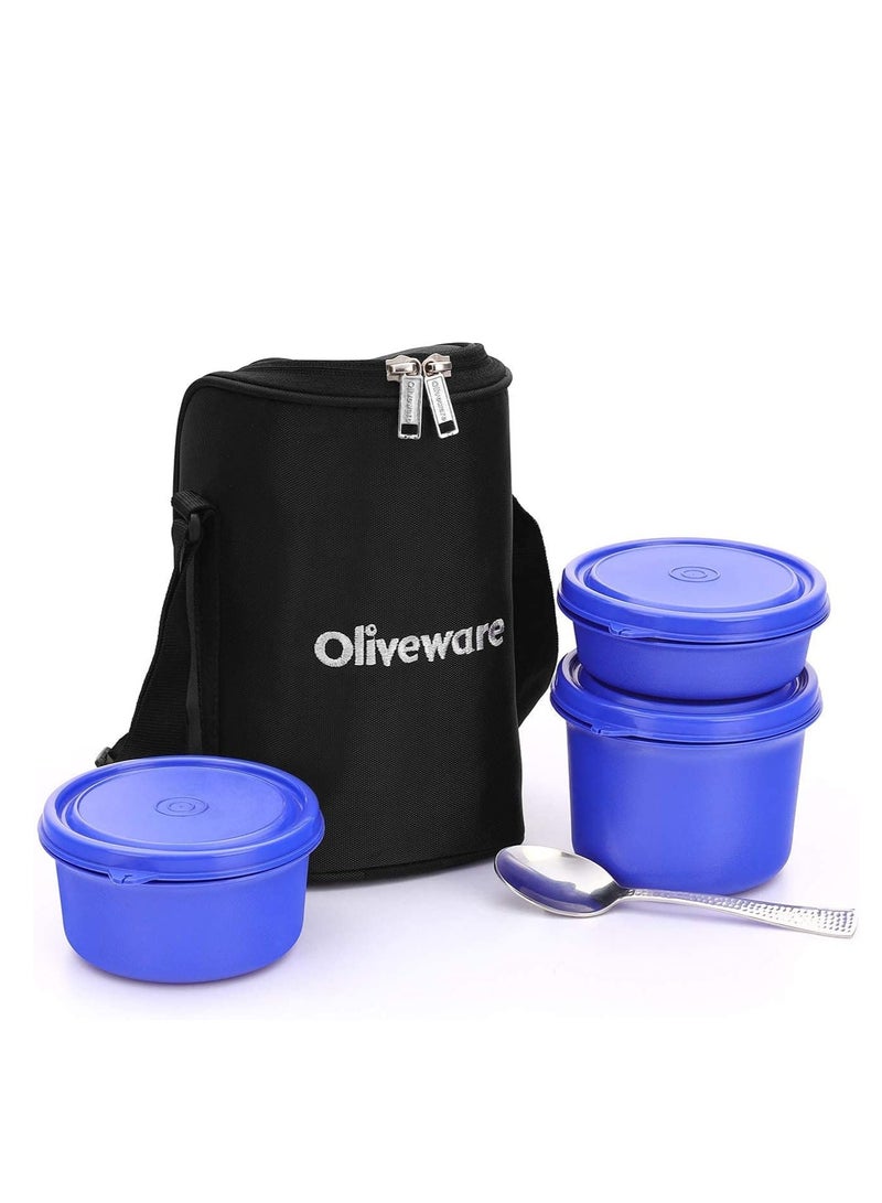 oliveware Stainless Steel Boss Pro Lunch Box, Steel Range, Microwave Safe and Leak Proof , 3 Air-Tight Containers with Bag , with Steel Spoon, Keep Food Hot (Blue)  - Image 2