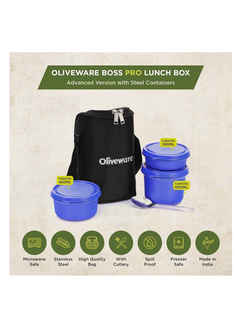 oliveware Stainless Steel Boss Pro Lunch Box, Steel Range, Microwave Safe and Leak Proof , 3 Air-Tight Containers with Bag , with Steel Spoon, Keep Food Hot (Blue)  - Image 3