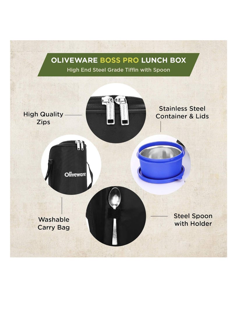 oliveware Stainless Steel Boss Pro Lunch Box, Steel Range, Microwave Safe and Leak Proof , 3 Air-Tight Containers with Bag , with Steel Spoon, Keep Food Hot (Blue)  - Image 4