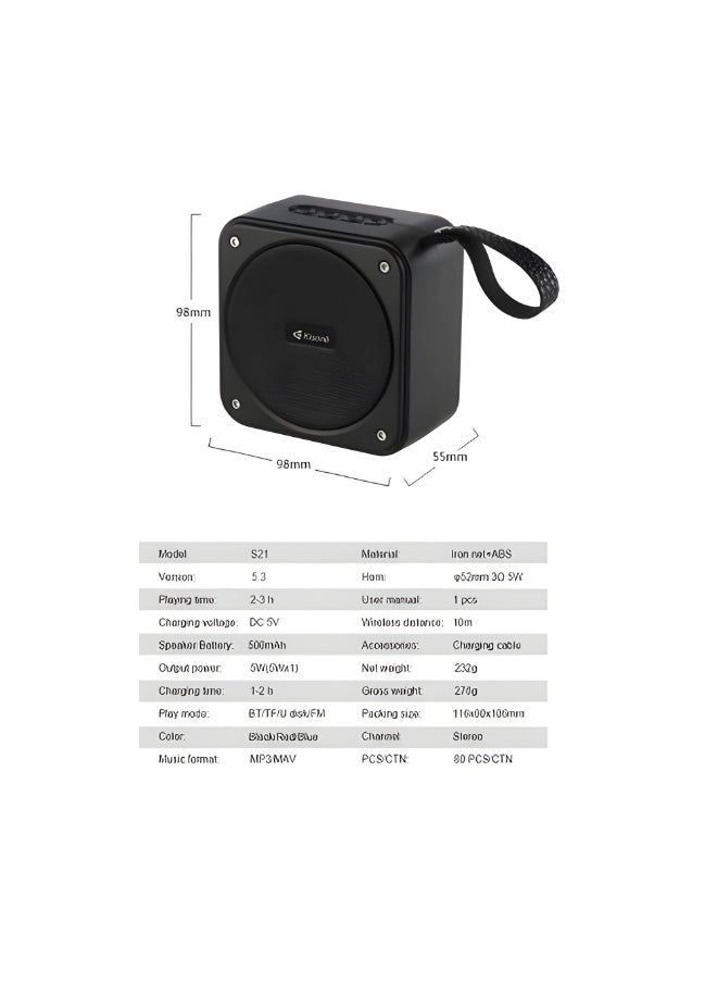 سبيكر بلوتوث صغير كاسونلي S21 ستيريو قوي 5وات تشغيل MP3 ومنافذ نفذ TF و -U Diskتشغيل حتي 5 ساعات -لون أسود