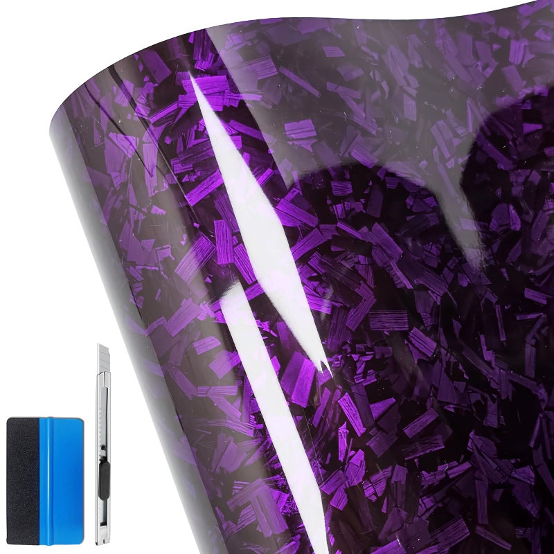 LZLRUN Forged Gloss Carbon Fiber Black Vinyl Wrap Roll Air Release Sticker Sheet Film DIY Decal Car Auto Vehicle Morotcycle Self Adhesive 1ft x 35ft Purple